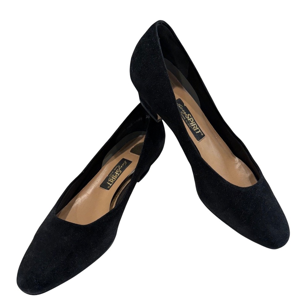 VTG Easy Spirit Suede Pumps Women 9.5B Black Low Block Heel Almond Toe Career